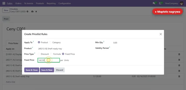 Pokaz w Odoo 18: Maptelo nagrywa wpisanie ceny