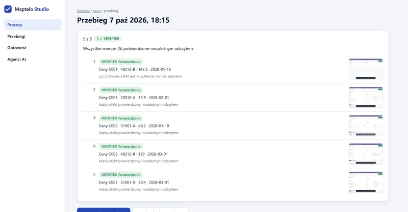Maptelo Studio: przebieg z pięcioma wierszami VERIFIED